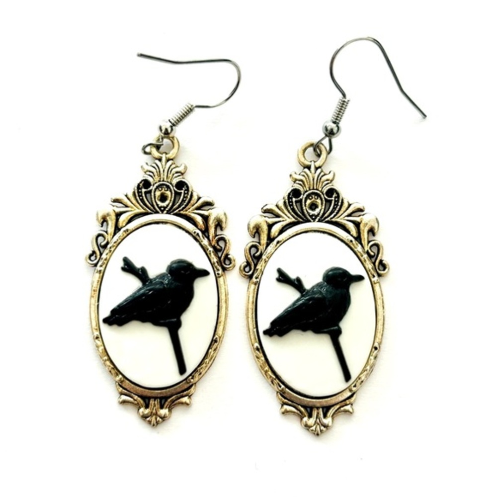 White and Black Raven Cameo Victorian Style Earrings, NWT, Unworn, Handmade